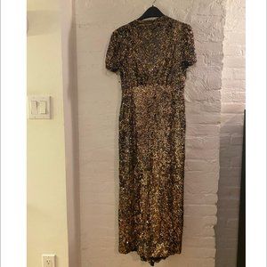 Couture antique gold sequined evening gown, V back